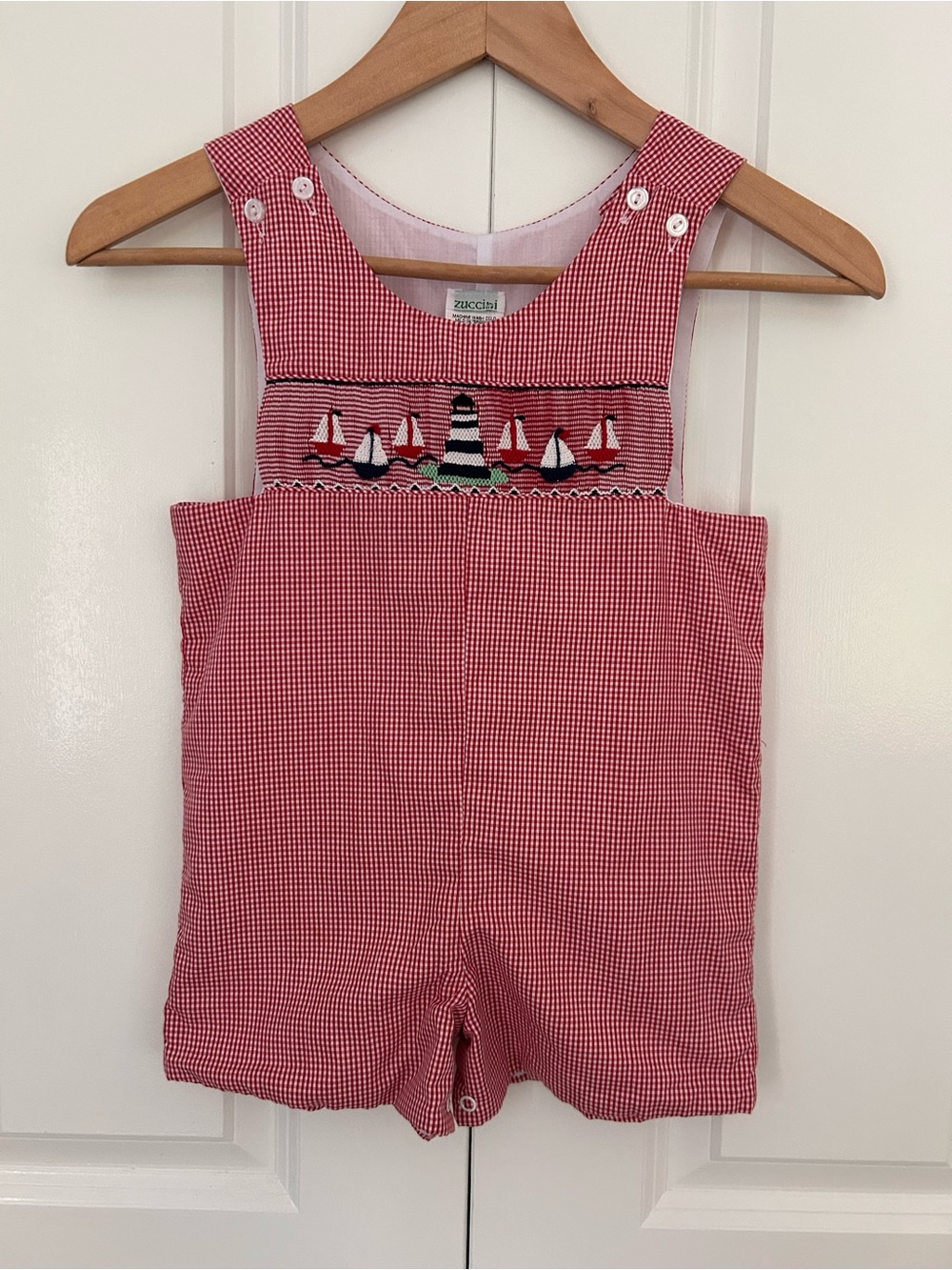 Zuccini smocked jon jon romper red gingham embroidered sailboats & lighthouse 3T
